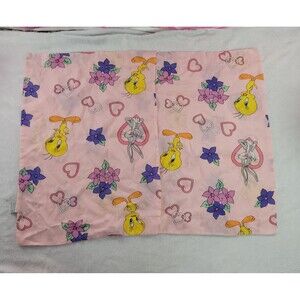 Vintage Pink Looney Tunes Tweety Bird Sylvester Heart Floral Pillow Case 30 x 24